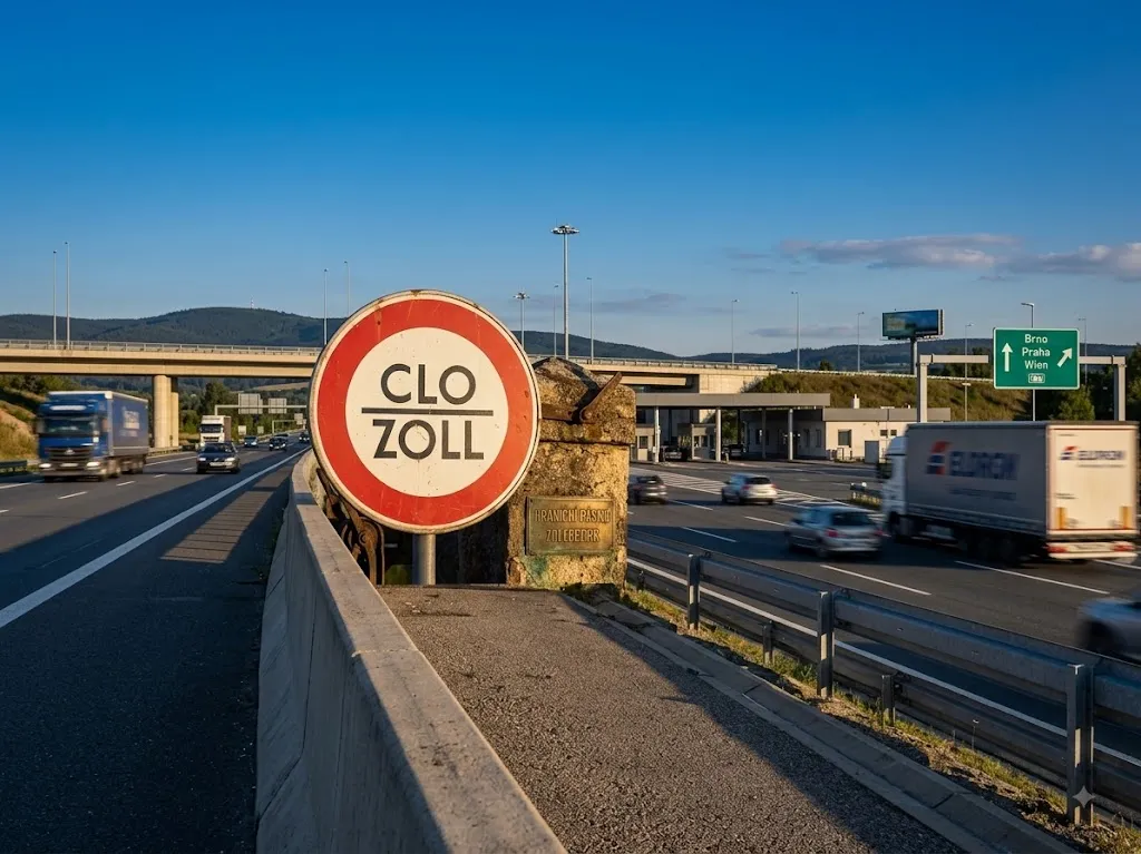Značka CLO / ZOLL na hraničním přechodu s projíždějícími kamiony