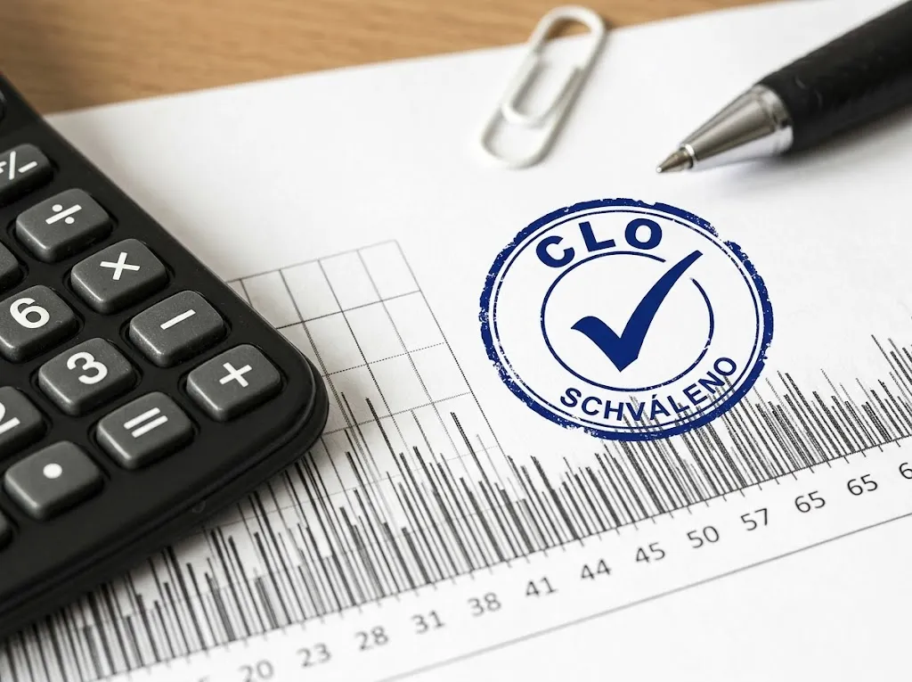Celní dokument s razítkem CLO SCHVÁLENO na pracovním stole